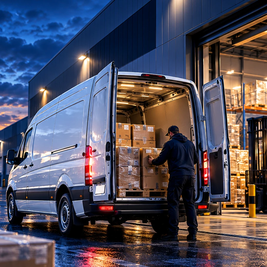 van-based commercial transport at a warehouse