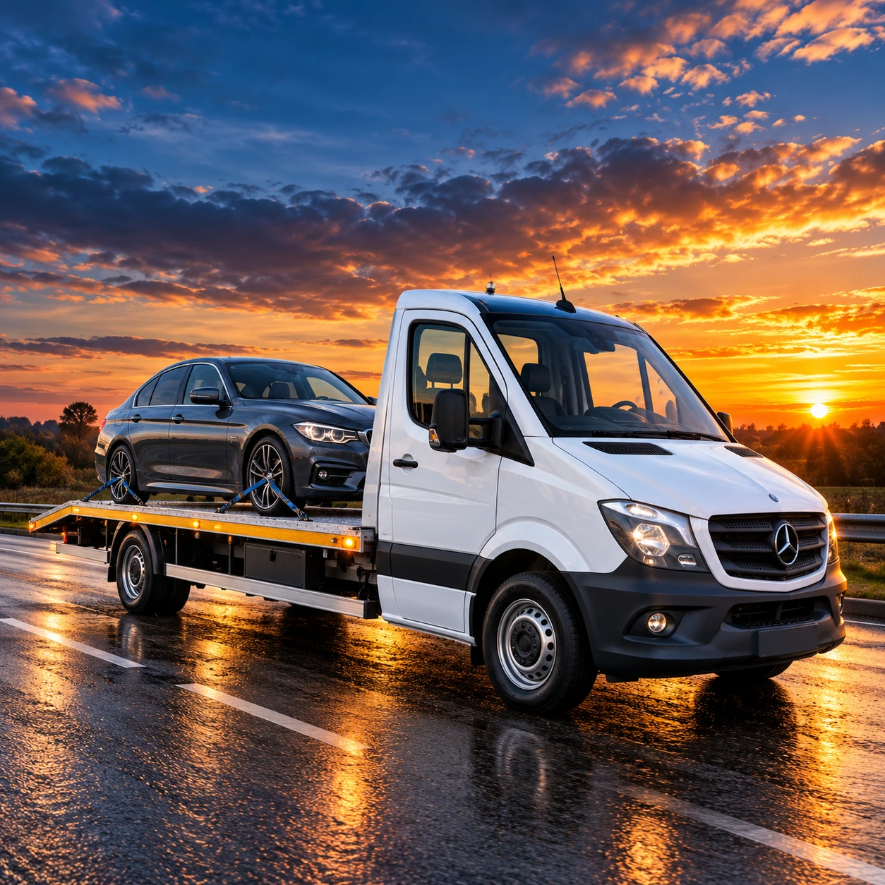 Vehicle transport image showing a car on a recovery transporter