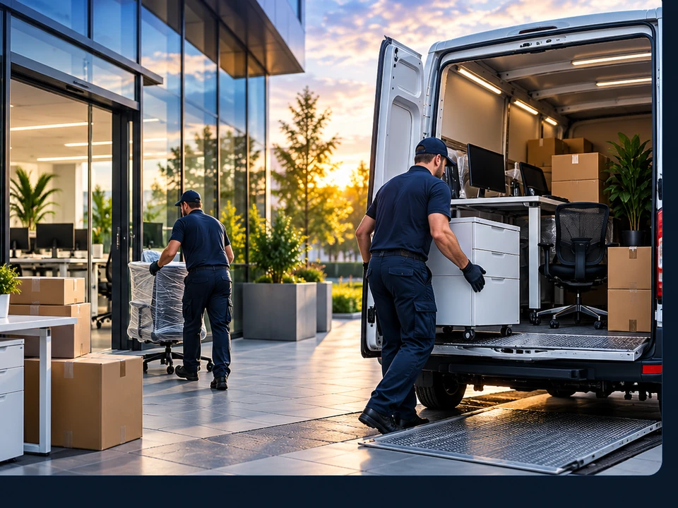 Office furniture and equipment being moved into a van